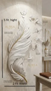 White Shayan Fiberglass 3D feather wall sculpture with 24K gold accents and flying birds on a modern feature wall