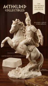 Hand-crafted Shayan Fiberglass Aethelred The Brave equestrian statuette showcasing detailed warrior armor and rearing horse